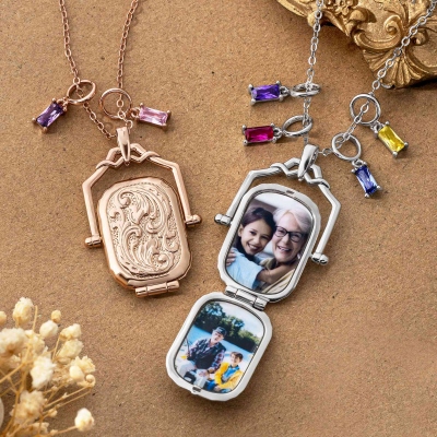Personalized Vintage Photo Locket Necklace with Birthstones & Names, Sterling Silver 925 Dainty Engraved Necklace, Gift for Mom/Grandma/Daughter
