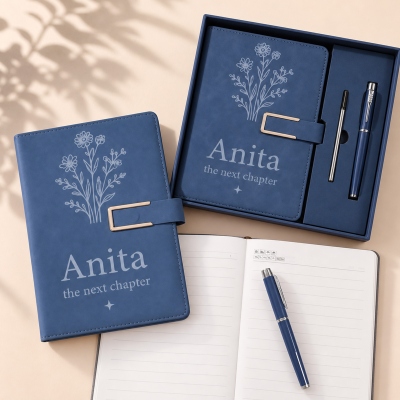 Custom Floral Sun Moon Notebook Set with Name, PU Leather A5 Notebook and Pen, Elegant Writing Stationery, Birthday Gift for Teachers/Women/Friends