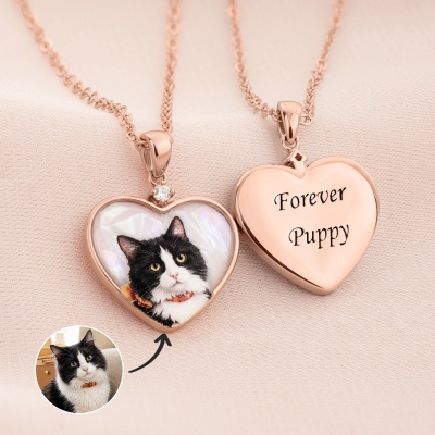 Custom Engraved Pet Photo Pearl Effect Round/Heart Shaped Pendant Necklace, Dainty Pet Memorial Jewelry, Birthday/Anniversary Gift for Pet Parents