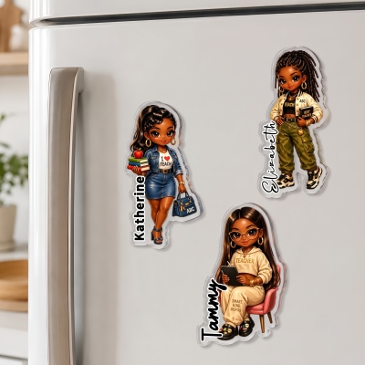 Custom Name Black Woman Teacher Acrylic Fridge Magnet, Melanin Educator Cartoon Refrigerator Magnet, Kitchen Accessory, Gift for Teachers/Friends/Her
