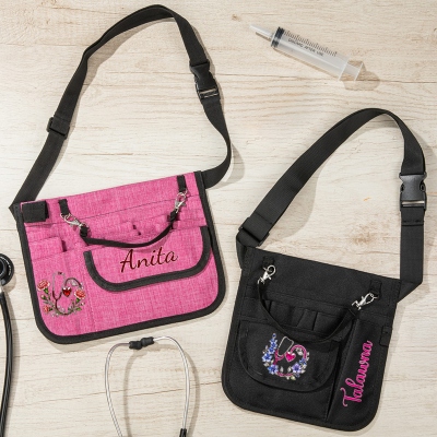 Custom Birth Flower Birthstone Stethoscope Bag with Name, Multi-Pocket Medical Waist Bag, Medical Supply Storage Pouch, Gift for Nurses/Doctors/Her