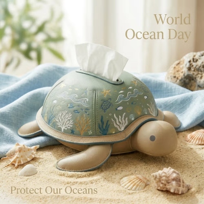 Personalized Sea Turtle Tissue Box Cover with Name, Ocean Inspired Leather Tissue Holder, Coastal Home Decor, Birthday/Housewarming Gift for Women