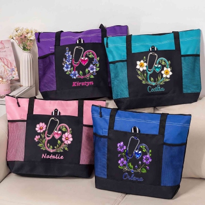 Custom Name Birth Flower Birthstone Stethoscope Tote Bag, Large Capacity Zippered Handbag with Mesh Pockets, Birthday Gift for Nurses/Doctors/Her