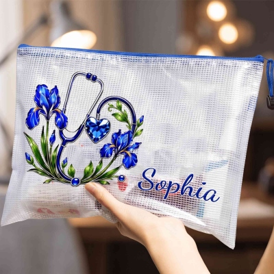 Custom Name Birth Flower Birthstone Stethoscope Clear Mesh Pouch, Waterproof PVC Medical Supply Storage Bag, Birthday Gift for Nurses/Doctors/Her