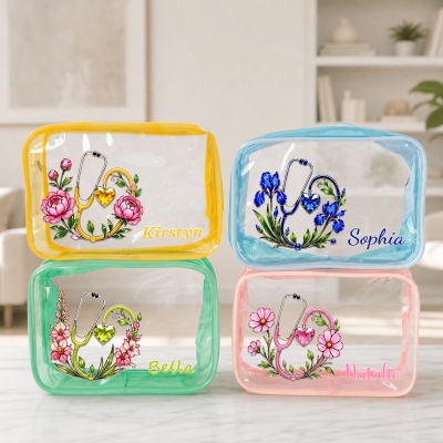 Personalized Name Birth Flower Birthstone Stethoscope Clear Makeup Bag, Waterproof PVC Zipper Storage Pouch, Gift for Medical Staff/Friends/Her