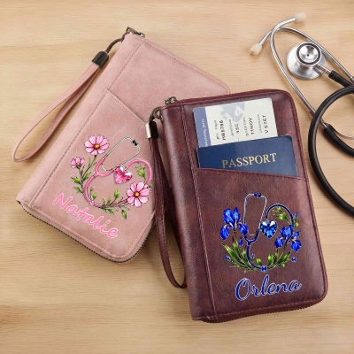 Custom Name Birth Flower Birthstone Stethoscope Passport Wallet, PU Leather Zip Around Travel Document Holder, Gift for Medical Staff/Friends/Her