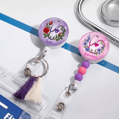 Custom Name Birth Flower Birthstone Stethoscope Badge Reel, Retractable Metal Clip ID Badge Holder, Birthday Gift for Medical Workers/Friends/Her