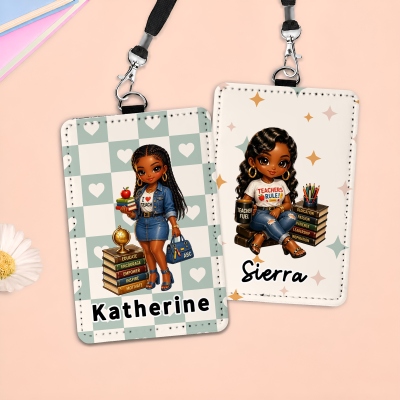 Custom Cartoon Black Teacher Name ID Badge Holder with Lanyard, PU Leather Watercolor Card Holder, Appreciation Gift for Teachers/Black Women/Her
