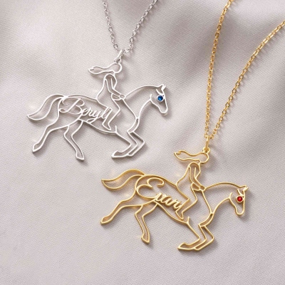 Personalized Name Horse & Rider Necklace with Birthstone, Sterling Silver 925 Horse Memorial Jewelry, Birthday Gift for Horse Lovers/Equestrians