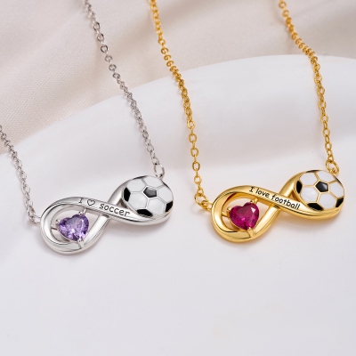 Custom Engraved Infinity Soccer Necklace with Heart Birthstone, Sterling Silver 925 Sports Jewelry, Birthday Gift for Football Players/Soccer Mom
