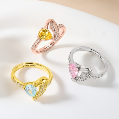 Custom Engraved Half Heart Half Angel Wing Ring with Teardrop Birthstone, Dainty Memorial Jewelry, Birthday/Anniversary Gift for Her/Mom/Grandma/Women