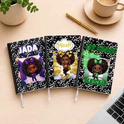 Personalized Name Grade Afro Black Girl Cartoon A5 Notebook, Cute Hardcover Lined Writing Journal, Back to School Gift for Black Girls/Daughters
