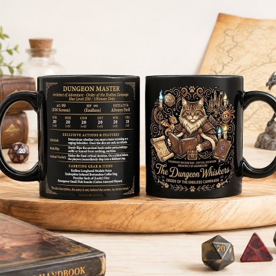 Personalized The Dungeon Whiskers Cat DM Mug, Funny DM Character Sheet Ceramic Coffee Cup, Custom Nerdy TTRPG Gamer Gift for DM
