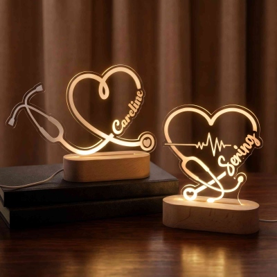 Custom Name Line Art Heart Stethoscope LED Night Light, Acrylic Night Lamp with Wooden Base, Appreciation/Graduation Gift for Nurses/Medical Staff