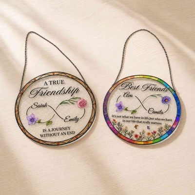 Custom Best Friend Names Stained Glass Suncatcher with Birth Flower, Window Hanging Decor, Friendship/Long Distance Gift for Soul Sisters/Besties/Her