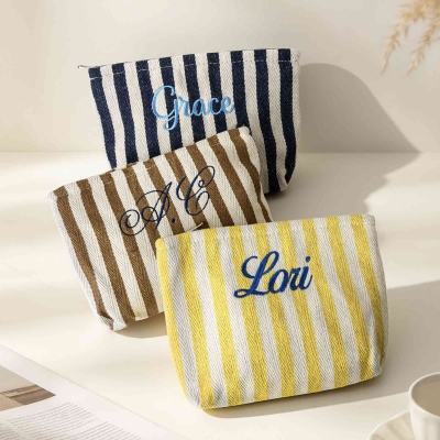 Personalized Embroidered Pastel Striped Makeup Bag with Name, Canvas Travel Cosmetic Toiletry Pouch, Bridal Shower Gift for Bridesmaid/Besties/Her