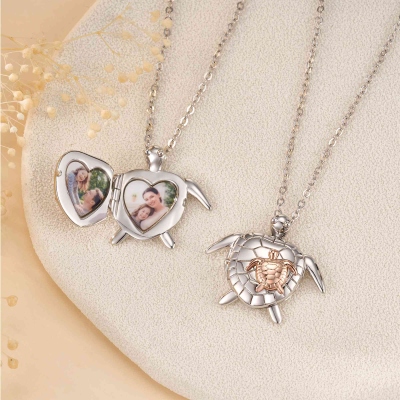 Personalized Engraved Name Sea Turtle Locket Necklace with 1-2 Photos, Dainty Jewelry, Birthday/Anniversary/Christmas Gift for Women/Kids/Family