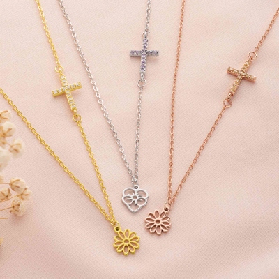 Personalized Birthstone Birth Flower Cross Necklace, Sterling Silver 925 Dainty Faith Necklace, Baptism Keepsake, Birthday Gift for Women/Girls/Her