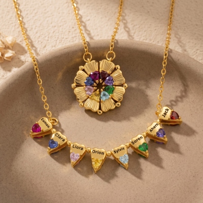 Personalized 3-8 Heart Petals Necklace with Birthstones & Names, Dainty Family Flower Jewelry, Meaningful Keepsake, Birthday Gift for Grandma/Mom/Her