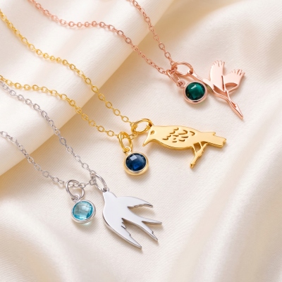 Personalized Birth Bird Pendant Necklace with Birthstone, Dainty Women’s Memorial Jewelry, Birthday/Mother’s Day/Anniversary Gift for Her/Mom/Grandma
