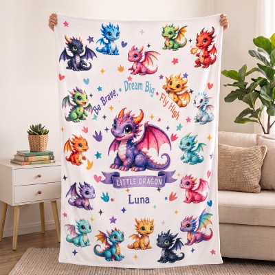 Custom Name Rainbow Baby Dragon Flannel Blanket, Colorful Cartoon Dragon Inspirational Quote Throw, Soft Kids Nap Blanket, Dragon Bedroom Decor Gift