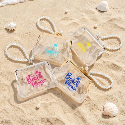Custom Name Retro Jelly Palm Tree Design Kiss Lock Coin Purse, Clear PVC Mini Handbag with Faux Pearl Wristlet, Travel Accessory, Gift for Women/Girls