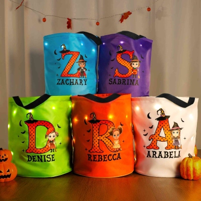 Personalized Cartoon Character Witch Hat Initial Glowing Candy Bucket with Name Trick or Treat Halloween Party Gift for Girls Boys