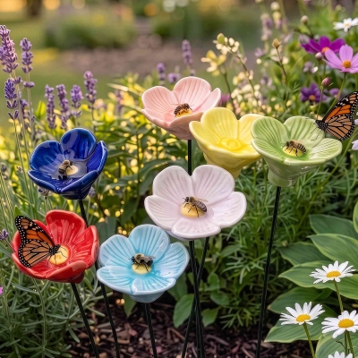 Ceramic Flower Bee Butterfly Water Feeder Garden Stake, Colorful Pollinator Water Station, Eco Wildlife Garden Decor, Gift for Gardeners/Plant Lovers
