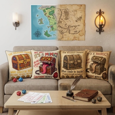 DND Mimic Treasure Chest Double-Sided Throw Pillow, Roll Initiative Critical Fail Chest Cushion, Cartoon Plush TTRPG Geek Home Decor, DND Gifs