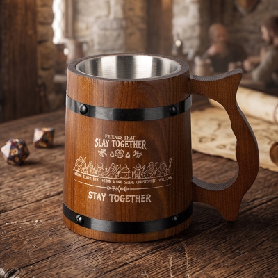 Personalized DND Party Wooden Beer Mug Tankard, Custom Character Silhouette & Player Names Cup, Adventuring Group & Campaign Memories Keepsake Gift