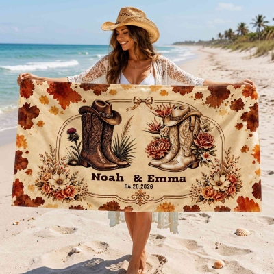 Custom Names & Date Cowboy Hats Boots Floral Bow Mr & Mrs Beach Towel, Quick Dry Pool Towel, Honeymoon/Vacation Party Favor, Gift for Couple/Newlyweds