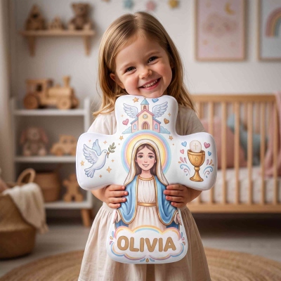 Custom Virgin Mary Communion Cross Pillow with Name, Plush Holy Christian Cushion, Nursery Decor, Birthday/Baptism Gift for Christian/Catholic Kids