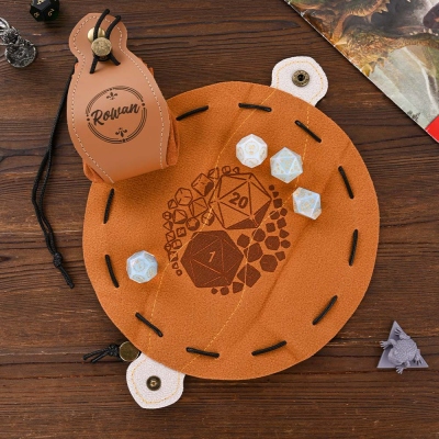 Personalized 2‑in‑1 Foldable DND Dice Tray and Dice Bag Combo, Custom Engraved Leather Dice Storage Pouch, DND Accessory Gifts
