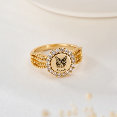 Personalisierter Halo-Ring mit Haustierporträt und Namen, zierlicher Ring aus 925er Sterlingsilber mit Katzen-/Hundezeichnung, Schmuck zur Erinnerung an Haustiere, Geschenk für Tierbesitzerinnen und Frauen
