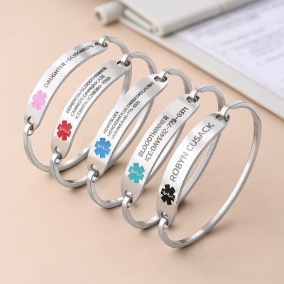 Custom Engraved Medical Alert Bangle, Stainless Steel Medical ID Emergency Contact Bracelet, Daily Use/Birthday Gift for Family/Friends/Patients