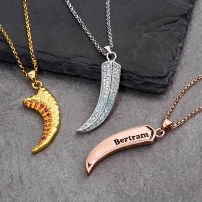 Custom Name Engraved Wolf Fang Necklace with Birthstone, Men’s Viking Jewelry, Birthday/Father’s Day/Anniversary Gift for Him/Husband/Dad/Family