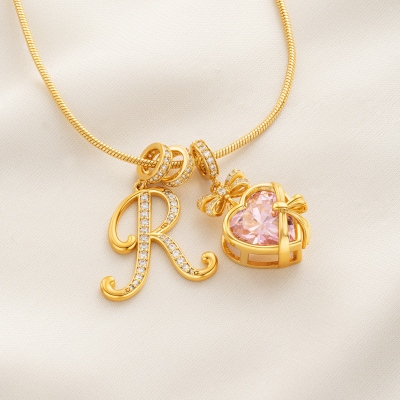 Personalized Bow Heart Necklace with Birthstone & Initial, Dainty Birthstone Jewelry, Birthday/Mother’s Day/Anniversary Gift for Her/Wife/Mom/Besties