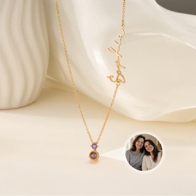 Personalized Sideway Name Photo Projection Necklace with Birthstone, I Love You in 100 Languages Necklace, Birthday/Anniversary Gift for Her/Mom/Women