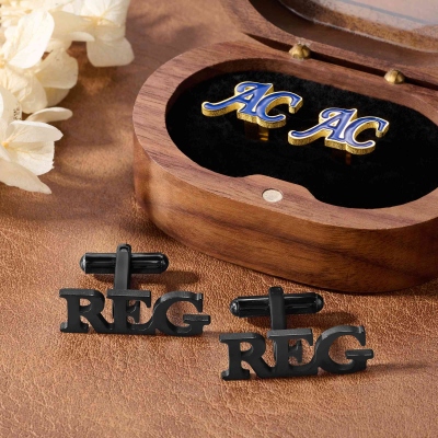 Custom Engraved Monogram Cufflinks with Wooden Storage Box, Clothing Accessories, Birthday/Anniversary/Wedding Gift for Husband/Boyfriend/Groomsmen