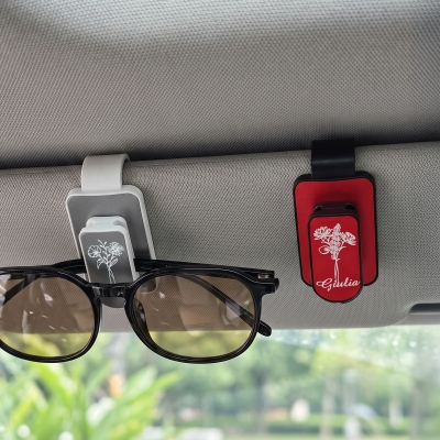 Personalized Birth Flower Car Sunglasses Holder with Name, Auto Sun Visor Clip for Sunglasses/Eyeglasses, Car Accessory, Birthday Gift for Car Owners