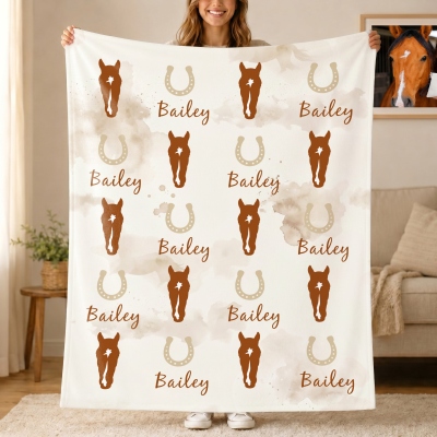 Personalized Photo Horse Facial Marking Blanket with Name, Flannel/Sherpa Throw for Bed Couch, Home Decor, Birthday Gift for Horse Lovers/Equestrians