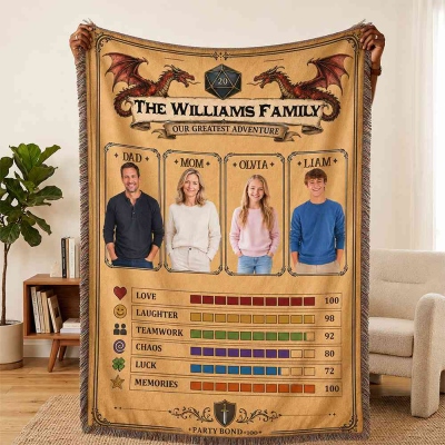 Personalized DND Family Adventure Blanket, Custom Photo & Name TTRPG Character Sheet Flannel Throw with Tassels, Dragon D20 Family Keepsake Gift