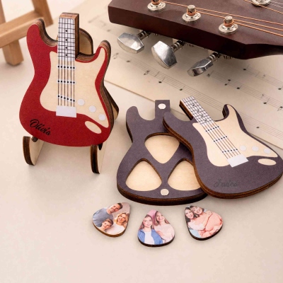 Personalised Engraved Photo Picks Holder with Name, Wooden Guitar Display Stand with 3 Picks, Musician Keepsake, Gift for Guitar Lovers/Dad/Him