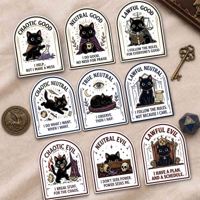 DND Alignment Cute Black Cats Sticker Set, Art‑Paper RPG Decals Featuring 9 Moral Alignments from Chaotic Good to Lawful Evil, DND Gift for Cat Lovers