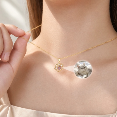 Personalized Pet Paw Projection Photo Necklace, Sterling Silver 925 Dainty Cat/Dog Picture Inside Memorial Jewelry, Gift for Pet Owners/Lovers/Her