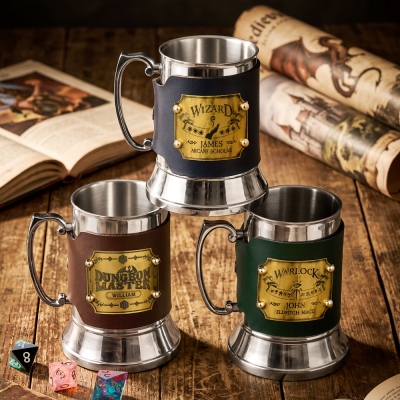 Personalized DND Leather Wrapped Tankard, Custom Class Emblem & Name Stainless Steel Beer Mug, Unique DND Cup Gift for Dungeon Master & DND Players