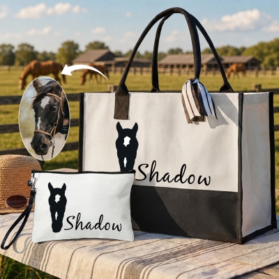 Personalized Name & Photo Horse Facial Marking Bag Set, Canvas Tote Bag & Linen Makeup Pouch with Wristlet, Birthday Gift for Horse Lovers/Equestrians