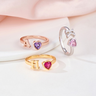Personalized Initial Heart Birthstone Ring, Adjustable Open Ring, Dainty Promise Ring, Birthday/Anniversary/Valentine’s Day Gift for Her/Wife/Couple