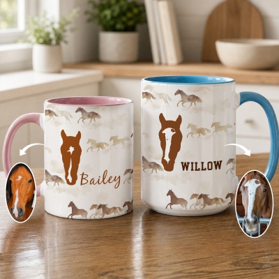 Personalized Name & Photo Horse Face Marking Mug, 11oz/15oz Two Tone Ceramic Coffee Tea Mug with Coaster, Birthday Gift for Horse Lovers/Equestrians