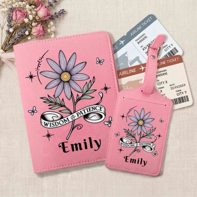 Personalized Name Vintage Birth Flower Passport Holder Set, PU Leather Passport Cover & Luggage Tag, Travel Accessory, Birthday Gift for Her/Women